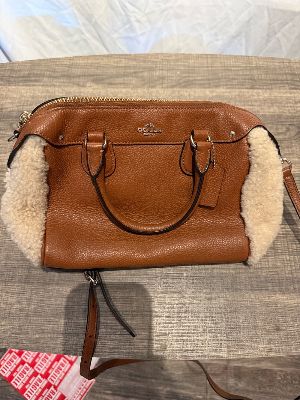 Coach Tan Leather Satchel with Cream Shearling Sides